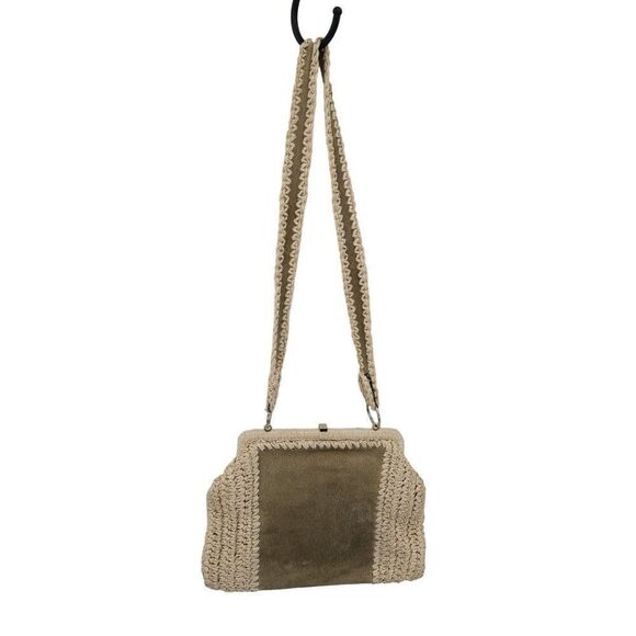 Vintage Handmade Crochet Macrame Straw Suede Shoulder Bag Purse Tan Boho Hippie - Picture 2 of 15
